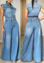 Women's Casual Sleeveless Denim Wide Leg Jumpsuit