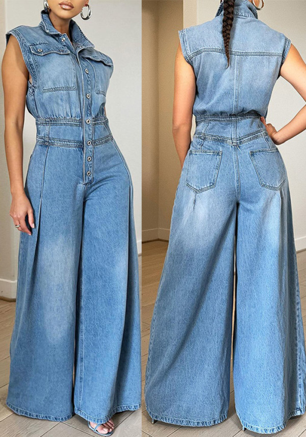 Women's Casual Sleeveless Denim Wide Leg Jumpsuit