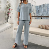 Women's Spring Summer Casual Solid Color Knitting Short Sleeve Two Piece Pants Set