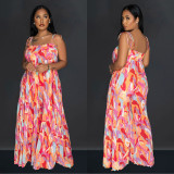 Women Sexy Printed Suspender Pleated Wide Leg Jumpsuit