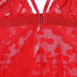 Women Sexy Heart Print Mesh Irregular Pearl Backless Suspender Nightgown Sexy Lingerie