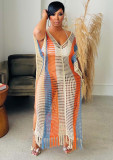 Women's Striped V-Neck Fringed Knitting Beach Dress