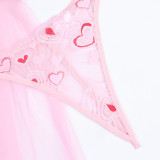 Women Heart Print Lace Lace-Up cross stitch mesh See-Through sexy suspender nightgown two-piece set