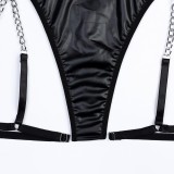 Women Pu-Leather Patchwork Grid Hollow See-Through Chain Jumpsuit Sexy Lingerie