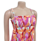 Women Sexy Printed Suspender Pleated Wide Leg Jumpsuit