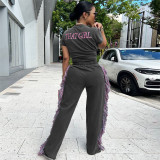 Women Round Neck Embroidered Short Sleeve T-Shirt And Tassel Pant Two Piece Set