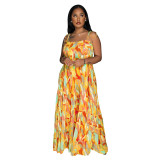 Women Sexy Printed Suspender Pleated Wide Leg Jumpsuit
