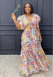 Women Sexy Printed Ruffle Lace-Up Top and Skirt Two-piece Set