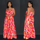 Women Sexy Printed Suspender Pleated Wide Leg Jumpsuit