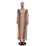 Women's Striped V-Neck Fringed Knitting Beach Dress