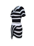 Women's Turndown Collar Short-Sleeved Striped Color-Blocking Knitting Top Slim Mini Skirt Two-Piece Set