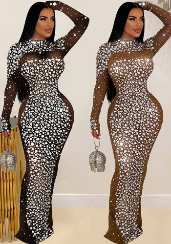 Women Solid mesh Beaded long sleeve dress