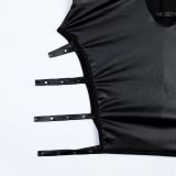 Women Black Pu-Leather Metal Hollow Halter Neck Suspender Nightdress Sexy Lingerie