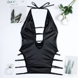 Women Black Pu-Leather Metal Hollow Halter Neck Suspender Nightdress Sexy Lingerie