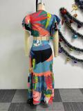Women Sexy Printed Ruffle Lace-Up Top and Skirt Two-piece Set