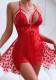Women Sexy Heart Print Mesh Irregular Pearl Backless Suspender Nightgown Sexy Lingerie
