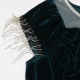 Women chain fringed velvet Dress with belt