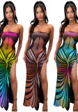 Women Sexy Backless Printed Strapless Slit Lace-Up Dress