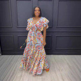 Women Sexy Printed Ruffle Lace-Up Top and Skirt Two-piece Set
