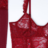 Women lace hollow Lace-Up sexy lingerie 4-piece set