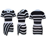 Women's Turndown Collar Short-Sleeved Striped Color-Blocking Knitting Top Slim Mini Skirt Two-Piece Set