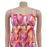 Women Sexy Printed Suspender Pleated Wide Leg Jumpsuit