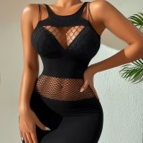 Women Sexy Hollow Suspender Halter Neck Bodycon Fishnet See-Through Mesh Dress