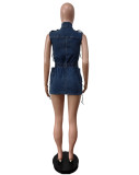 Women Denim Sleeveless Drawstring Stretch Dress