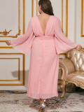 Plus Size Women Pleated V Neck Long Sleeve Chiffon Dress