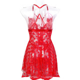 Women Sexy Heart Print Mesh Irregular Pearl Backless Suspender Nightgown Sexy Lingerie