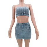 Fashionable Women's Clothing Beaded Strapless Stretch Denim Two Piece Skirt Set