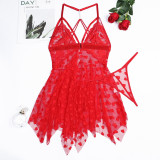 Women Sexy Heart Print Mesh Irregular Pearl Backless Suspender Nightgown Sexy Lingerie