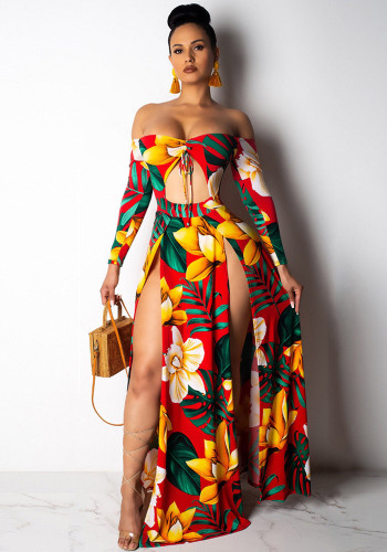 Women Printed Cutout Holidays Long Sleeve Off Shoulder Lace-Up Dress