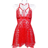 Women Sexy Heart Print Mesh Irregular Pearl Backless Suspender Nightgown Sexy Lingerie