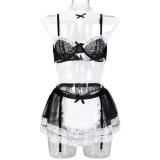 Women black and white lace contrasting color multi-layered lace sexy uniform maid fishnet stockings Sexy Lingerie Set