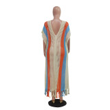 Women's Striped V-Neck Fringed Knitting Beach Dress