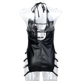 Women Black Pu-Leather Metal Hollow Halter Neck Suspender Nightdress Sexy Lingerie