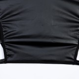 Women Black Pu-Leather Metal Hollow Halter Neck Suspender Nightdress Sexy Lingerie