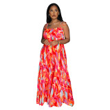 Women Sexy Printed Suspender Pleated Wide Leg Jumpsuit