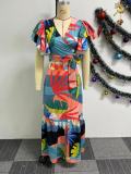 Women Sexy Printed Ruffle Lace-Up Top and Skirt Two-piece Set