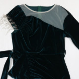 Women chain fringed velvet Dress with belt