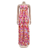 Women Sexy Printed Suspender Pleated Wide Leg Jumpsuit