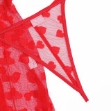 Women Sexy Heart Print Mesh Irregular Pearl Backless Suspender Nightgown Sexy Lingerie