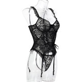 Women lace hollow Lace-Up sexy lingerie 4-piece set