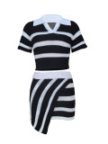 Women's Turndown Collar Short-Sleeved Striped Color-Blocking Knitting Top Slim Mini Skirt Two-Piece Set