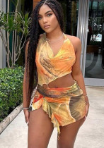 Women Sexy Printed Hollow Backless Halter Neck Lace Dress