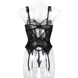 Women lace hollow Lace-Up sexy lingerie 4-piece set