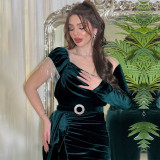 Women chain fringed velvet Dress with belt