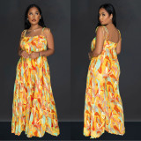 Women Sexy Printed Suspender Pleated Wide Leg Jumpsuit