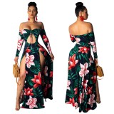 Women Printed Cutout Holidays Long Sleeve Off Shoulder Lace-Up Dress